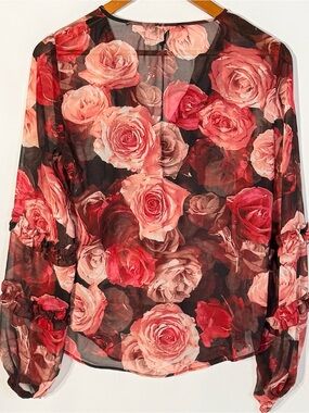 White House Black Market Sheer Rose Print Ruffle Sleeve Blouse XS